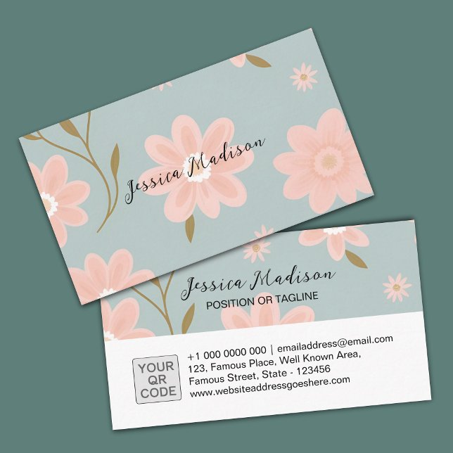 Elegante florale Visitenkarte mit QR Code | DP7 (floral elegant business card | edit online | custom template | home business | pastel color design)