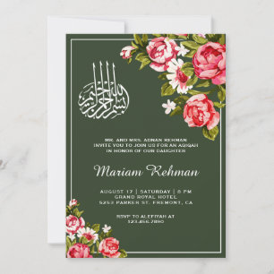 Elegante Florale Waldgrüne Aqiqah für Baby Mädchen Einladung