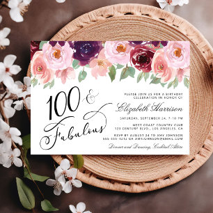 Elegante Florale Wasserfarben 100. Geburtstagsfeie Einladung