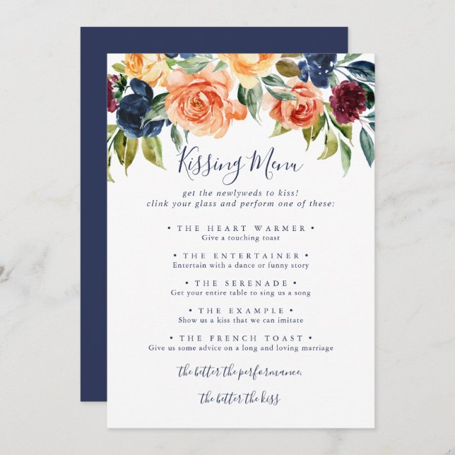 Elegante florale Wedding Kissing Menu Game Card (Vorne/Hinten)