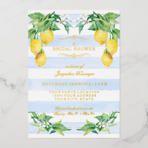 Elegante Florale Zitronen Blau Goldfolie Brautpart Folieneinladung