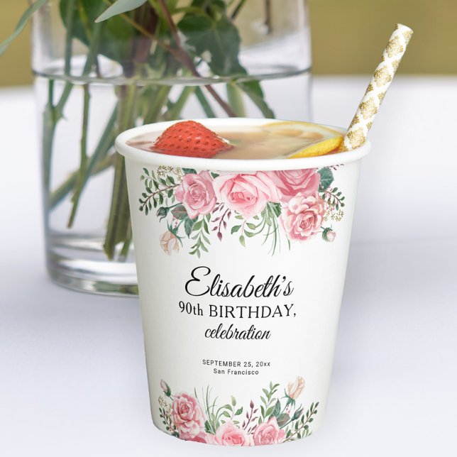 Elegante Floraleinladung zum 90. Geburtstag  Pappbecher (Von Creator hochgeladen)