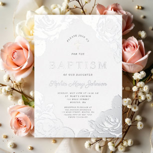 Elegante Florales Mädchen Taufe Silberfolie Folieneinladung