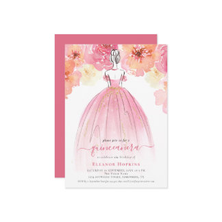 Elegante Florals Dress Pink Quinceanera Einladung