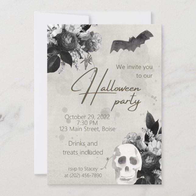 Elegante Florals und Skull Halloween-Party Invitat Einladung (Vorderseite)