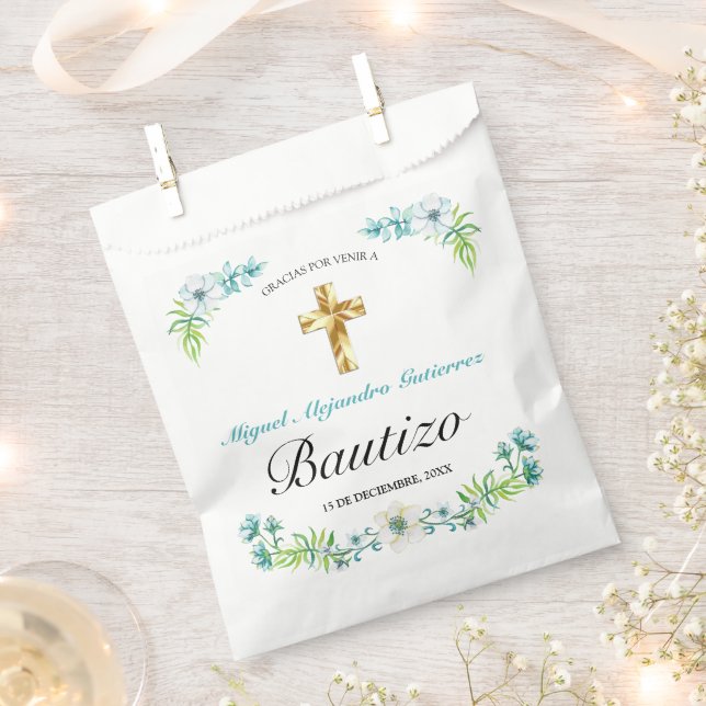 Elegante Flores y Cruz Para Niño Bautizo Geschenktütchen (Ausgeschnitten)