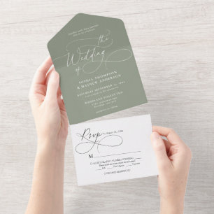 Elegante Flourish-Kalligrafie Sage Green Hochzeit All In One Einladung