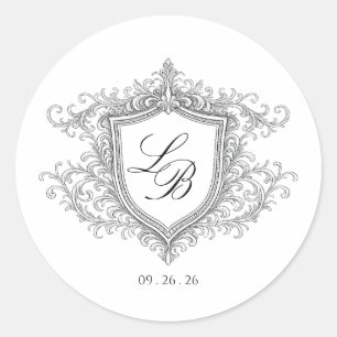 Elegante Flourish-Wappen-Monogramm-Hochzeits-Einla Runder Aufkleber