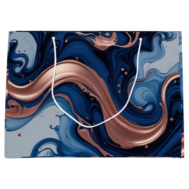 Elegante Fluid Art mit Kupfer und blauen Wirbel Große Geschenktüte (Vorderseite)