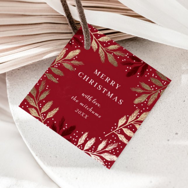 Elegante Foil Branches Frohe Weihnachtsfeiertage Geschenkanhänger (Elegant red and gold foil greenery branch merry christmas gift tags.)