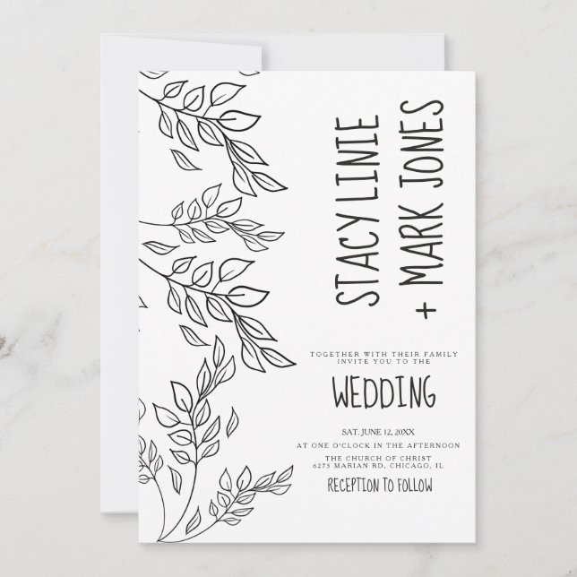 Elegante Foilage Hand Drawn Black Script Hochzeit Einladung (Vorderseite)