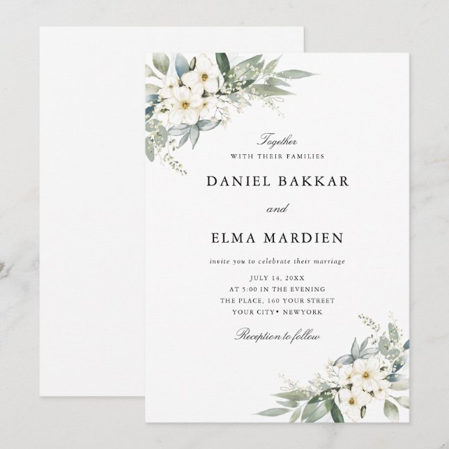 Elegante Foliage Boho Aquarell Floral Hochzeit  Einladung (Vorne/Hinten)