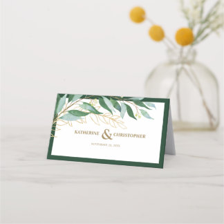 Elegante Foliage Forest Green Gold Hochzeit Platzkarte