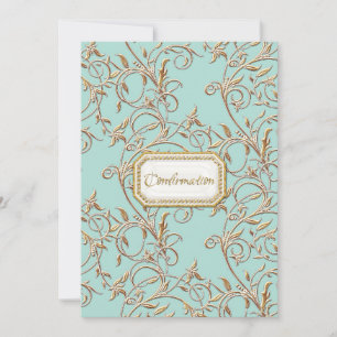 Elegante Foliage Gold Aqua Mädchen Kommunion Einladung