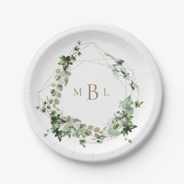 Elegante Foliage Gold Geometric Monogram Wedding Pappteller (Vorderseite)