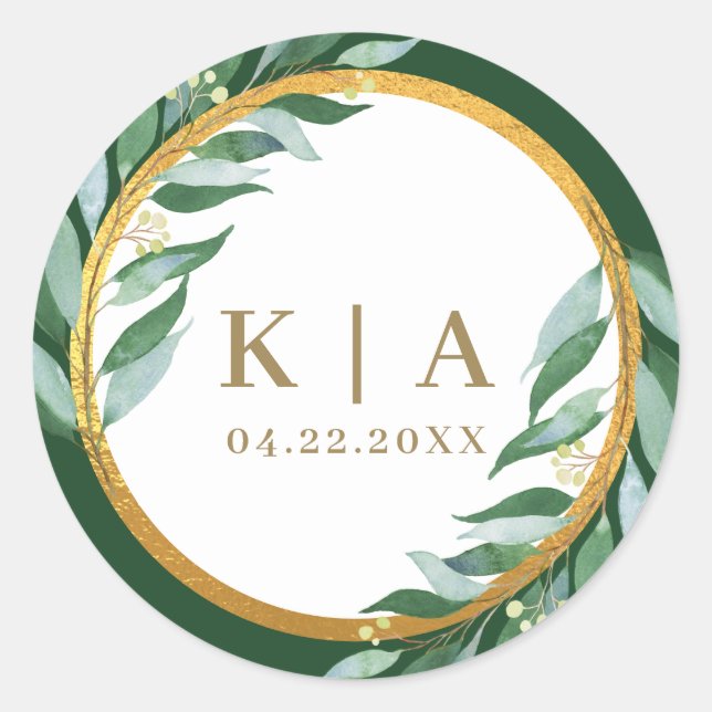 Elegante Foliage Gold Leaf Green Monogram Wedding Runder Aufkleber (Vorderseite)