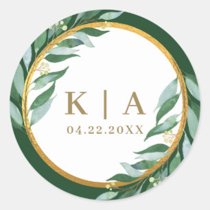 Elegante Foliage Gold Leaf Green Monogram Wedding Runder Aufkleber