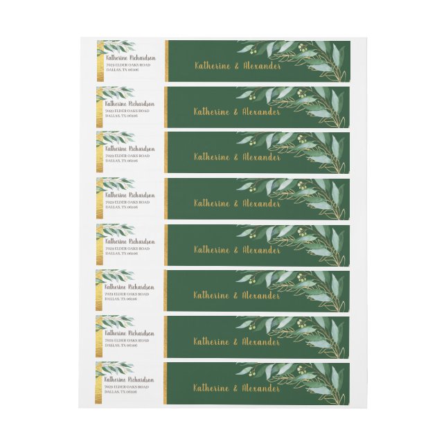 Elegante Foliage Gold Leaf Green Monogram Wedding Rundum-Adressaufkleber (Bogen)