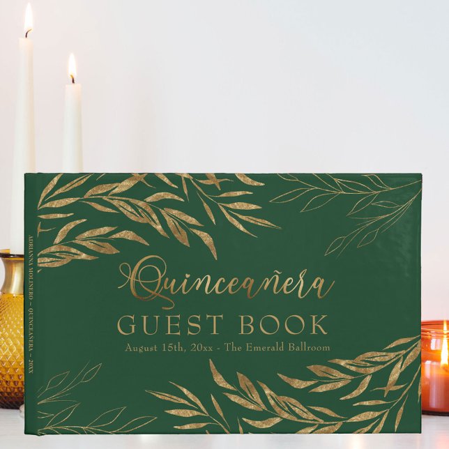 Elegante Foliage Green und Gold Quinceanera Gästebuch (Elegant Quinceanera Guest Book in emerald green from my Gold Leaf Collection)