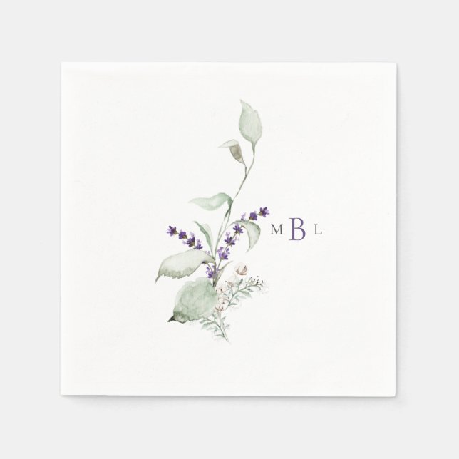 Elegante Foliage & Lavender Monogram II Hochzeit Serviette (Vorderseite)