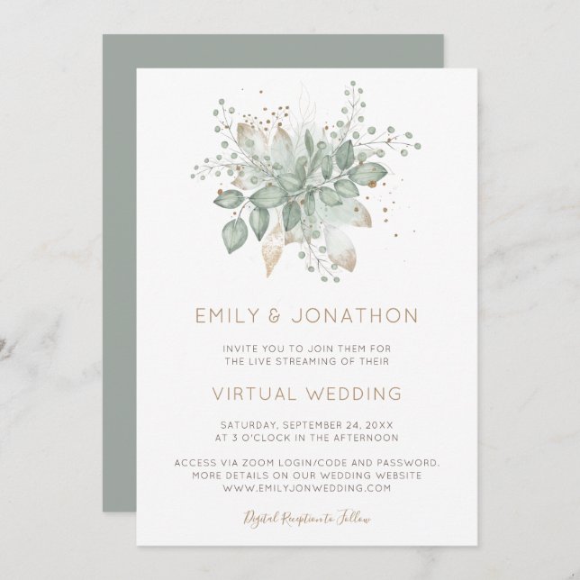 Elegante Foliage Sage Virtual Wedding Einladung (Vorne/Hinten)