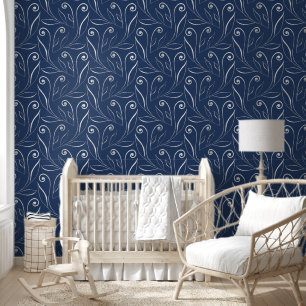 Elegante Foliage & Wirbel Silver & Navy Blue Tapete