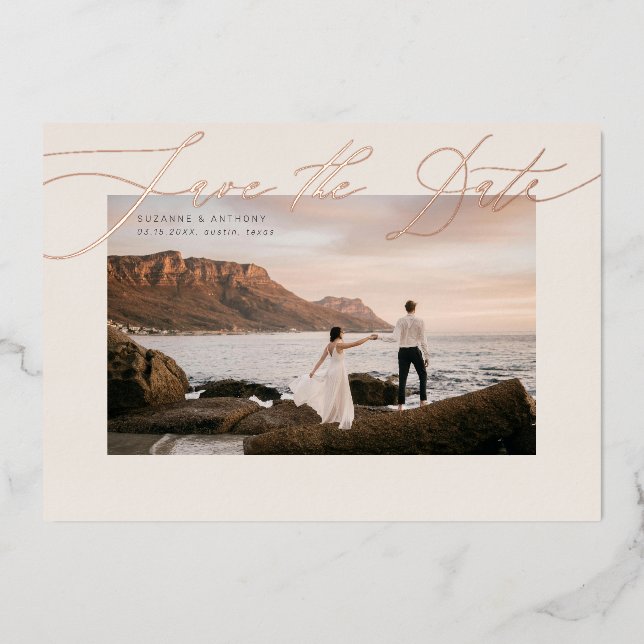 Elegante Folie Save the Date auf Foto gepresst Folieneinladung (Vorderseite)