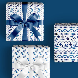 Elegante Folk Botanical Blue Watercolor Holiday Geschenkpapier Set