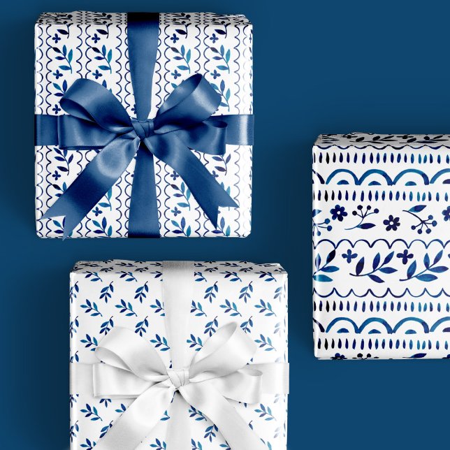 Elegante Folk Botanical Blue Watercolor Holiday Geschenkpapier Set (Von Creator hochgeladen)