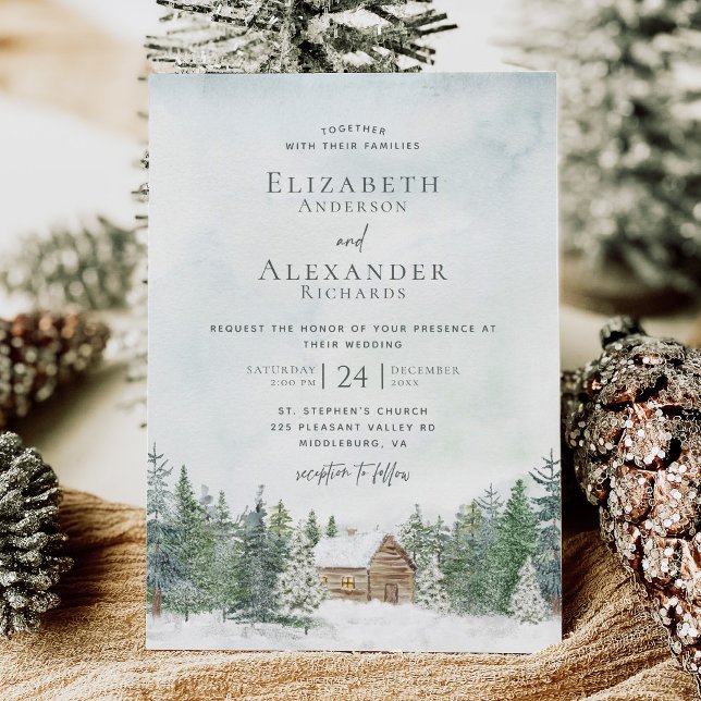 Elegante Forest Cabin Pine Trees Winter Wedding Einladung (Von Creator hochgeladen)