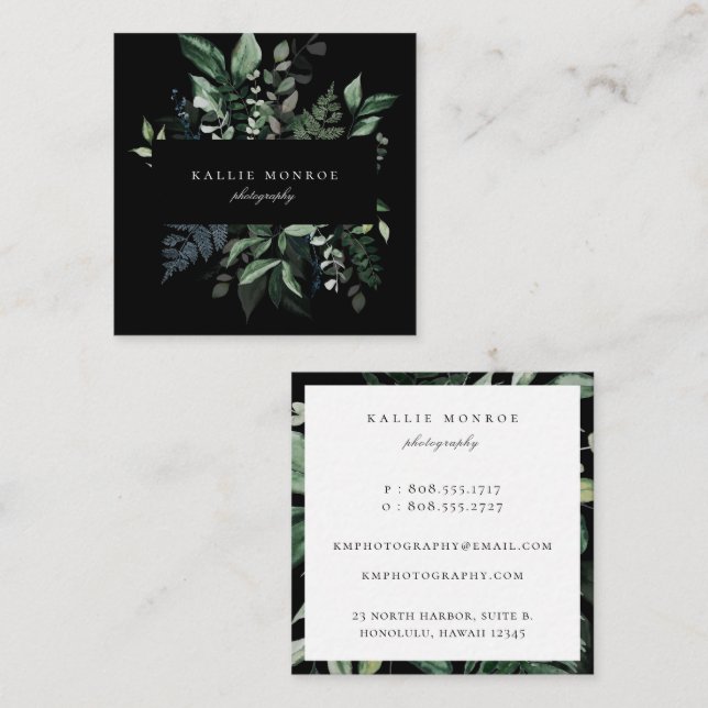 Elegante Forest Foliage Frame Square Business Card Quadratische Visitenkarte (Vorne/Hinten)
