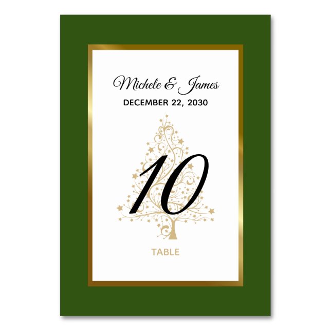 Elegante Forest Green Gold Winter Holiday Wedding Tischnummer (Vorderseite)