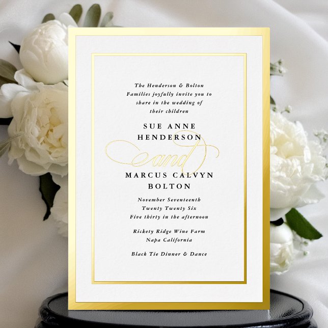 Elegante formale Kalligraphie-Goldrahmen-Hochzeit Folieneinladung (Von Creator hochgeladen)