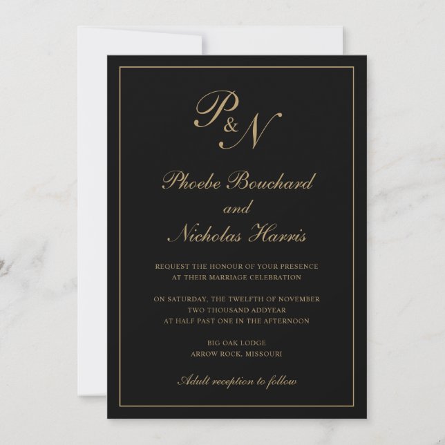 Elegante formale Monogram Black and Gold Wedding Einladung (Vorderseite)