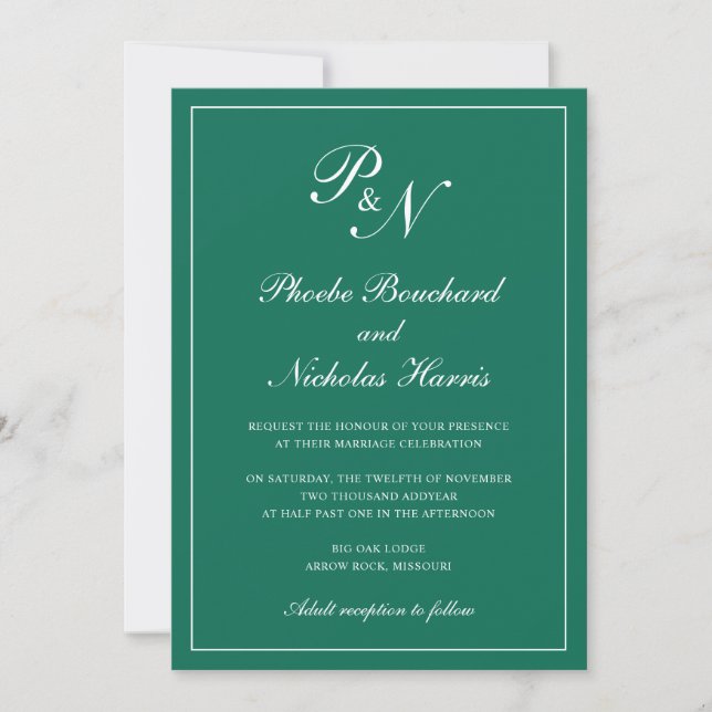 Elegante formale Monogram Emerald Green Wedding Einladung (Vorderseite)