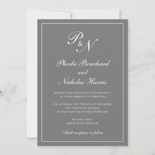 Elegante formale Monogram Simple Gray Wedding Einladung (Vorderseite)