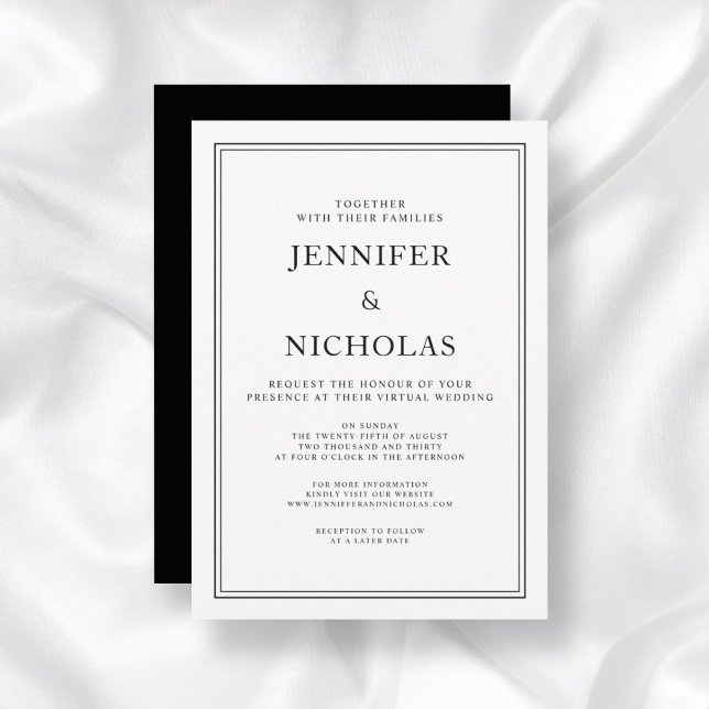 Elegante formale Schwarz-Weiß-Virtuelle Hochzeit Einladung (Front/Back Elegant Classic Formal Black White Virtual Wedding Invitation)