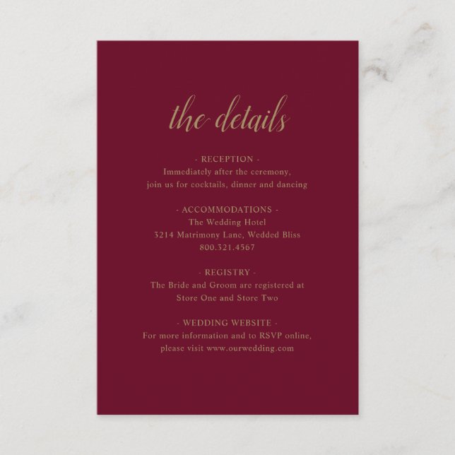 Elegante formelle Details Gold Burgundy Hochzeit Begleitkarte (Vorderseite)