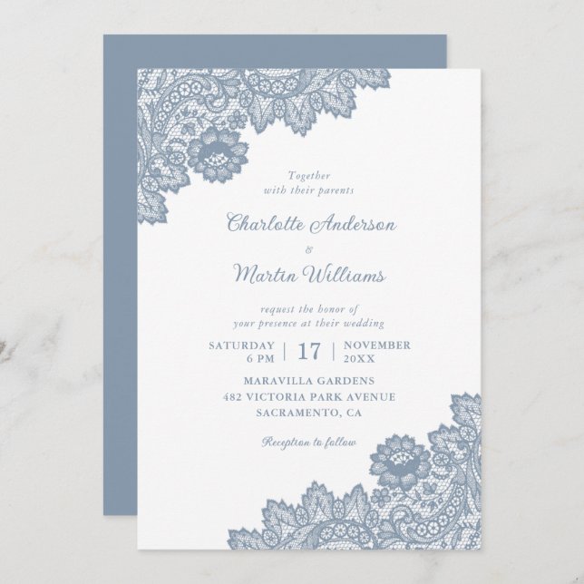 Elegante formelle Hochzeit von Blaublauer Flora Einladung (Vorne/Hinten)