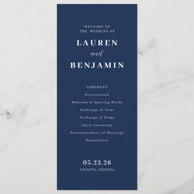 Elegante formelle Hochzeitszeremonie in Navy-Blau Programm (Vorderseite)
