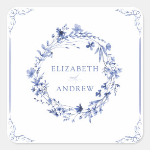 Elegante formelle Kalligrafie Blumenkranz Hochzeit Quadratischer Aufkleber