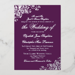 Elegante formelle Pflaumen-Purple- und Silberhochz Folieneinladung