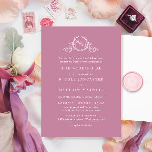 Elegante formelle rosa Monogramm-Kranz-Hochzeit Einladung