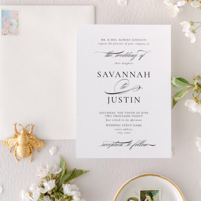 Elegante formelle Schwarz-Weiß-Hochzeit Einladung (Designed for weddings where the bride's parents are hosting)