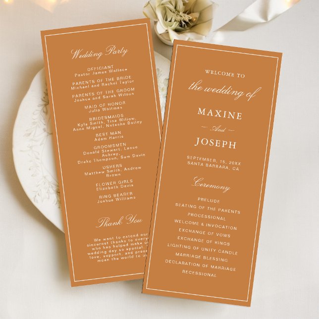 Elegante formelle verbrannte orange Hochzeit Programm (Elegant burnt orange wedding programs share your day’s details with refined style.)