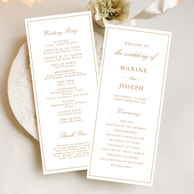 Elegante formelle verbrannte orange Hochzeit Programm (Elegant burnt orange wedding programs keep guests informed with warmth and sophistication.)