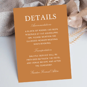 Elegante formelle verbrannte orange Hochzeitsinfor Begleitkarte