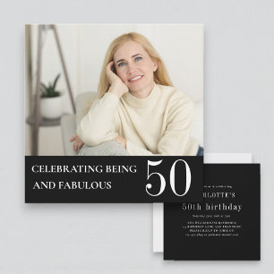 Elegante Foto 50. Geburtstag Schwarz-Weiß-Einladun Einladung