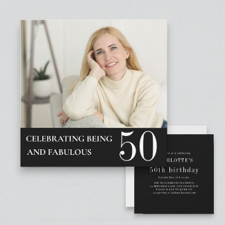 Elegante Foto 50. Geburtstag Schwarz-Weiß-Einladun Einladung