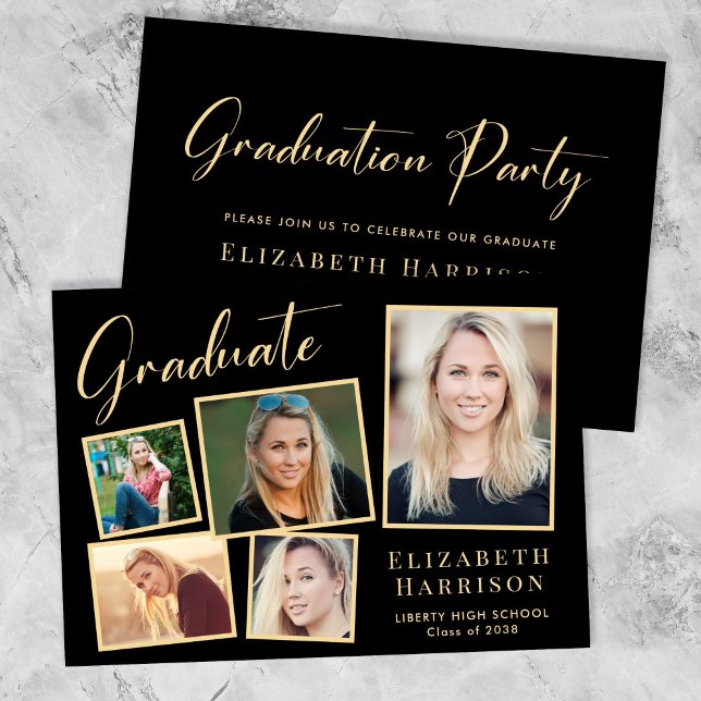 Elegante Foto Black Gold Graduation Party Einladung (Our user-friendly template makes it a breeze to upload your photos and personalize your invitation)